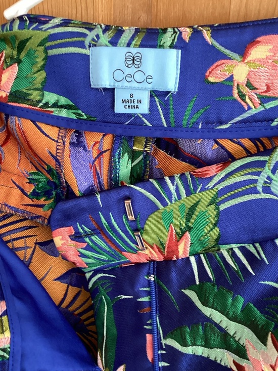 CeCe Pants - CeCe Royal Blue Floral Print Skirt with Orange Accents